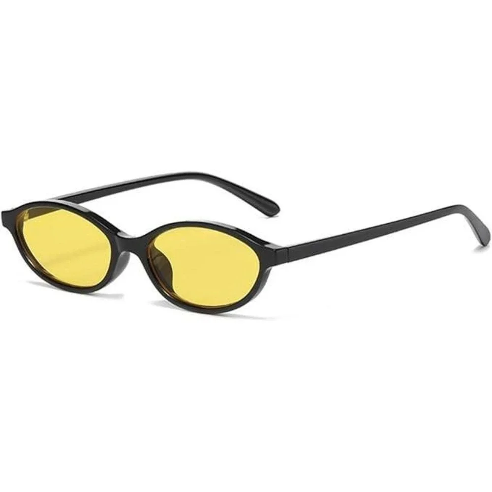 Black Oval Sunglasses Yellow Tint Lens Men‎ Fashion Eyewear Small Trendy Lentes